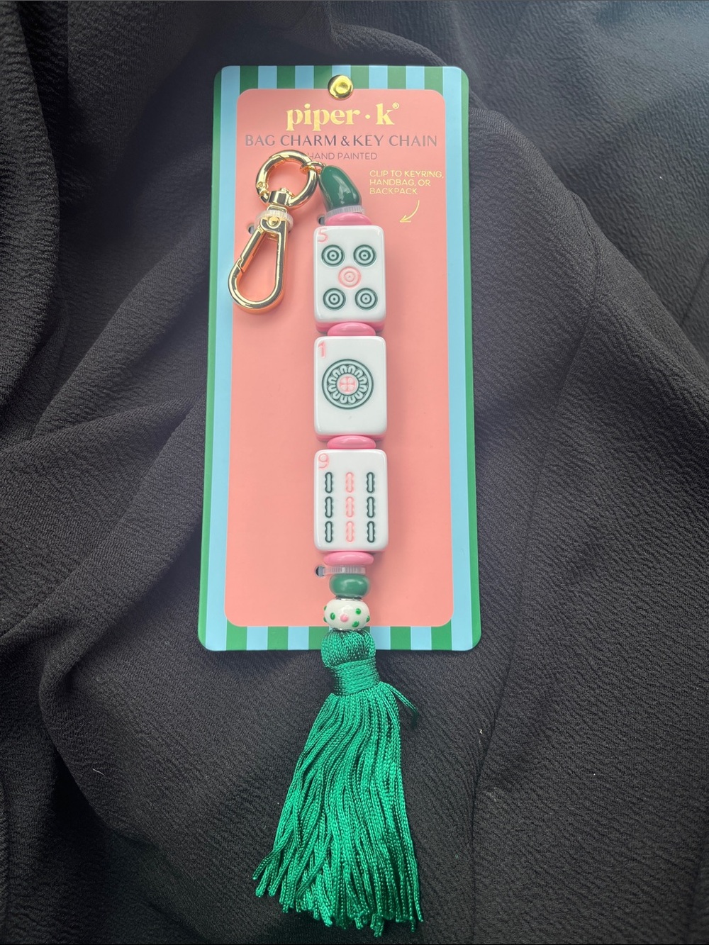 BRAND NEW - piper k Mahjong Green Striped Tassel Bag Charm